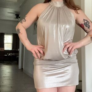 B. Smart Slinky Halter Mini Dress in Shimmery Champagne